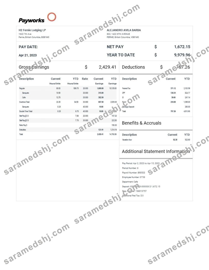 H2 Fernie Lodging LP pay statement template in Word and PDF formats.pdf, 1